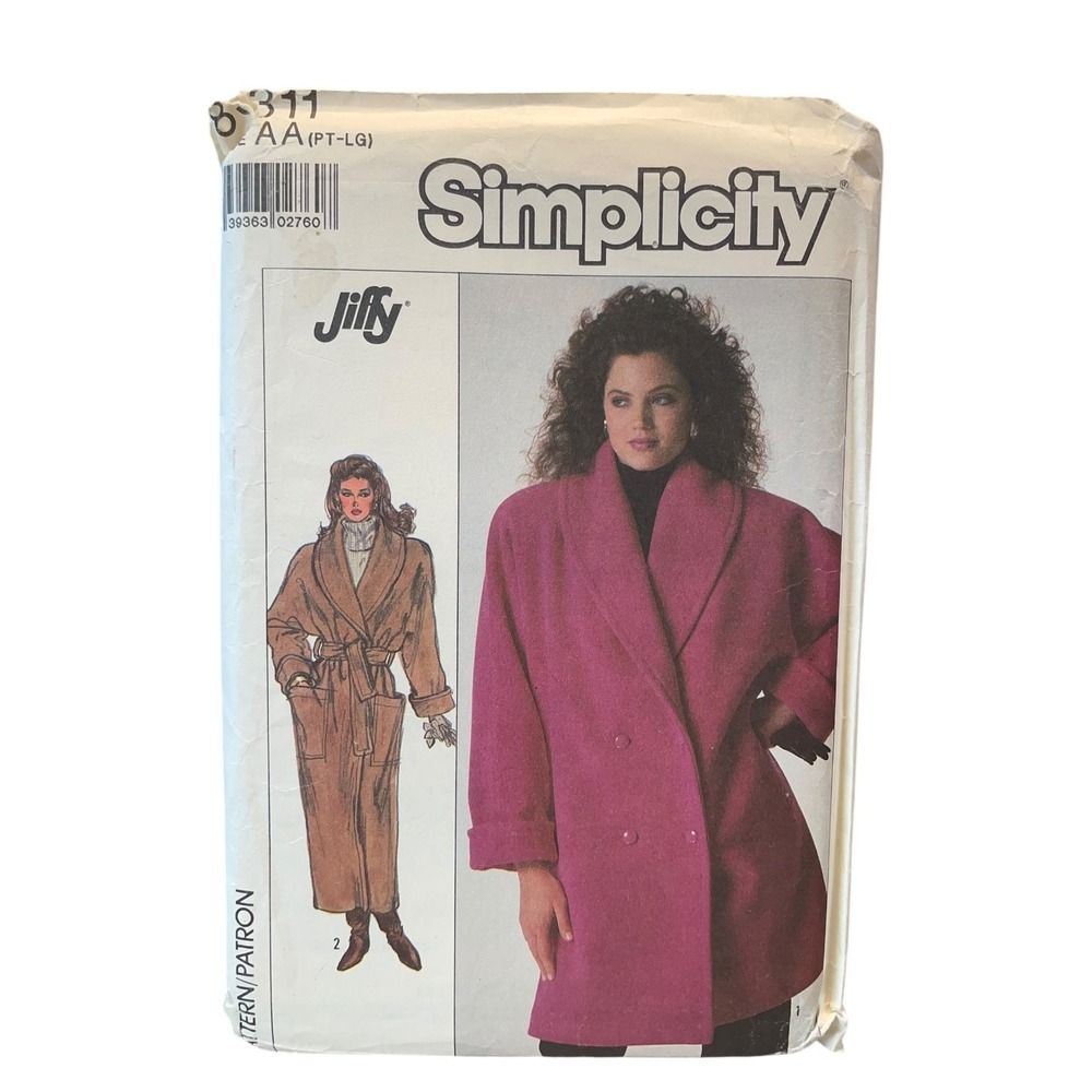 Simplicity Sewing Pattern 8311 Women Size 6-24 White 80s Loose Coat Jiffy Uncut